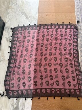 Black Skull Print Scarf with Pink Background